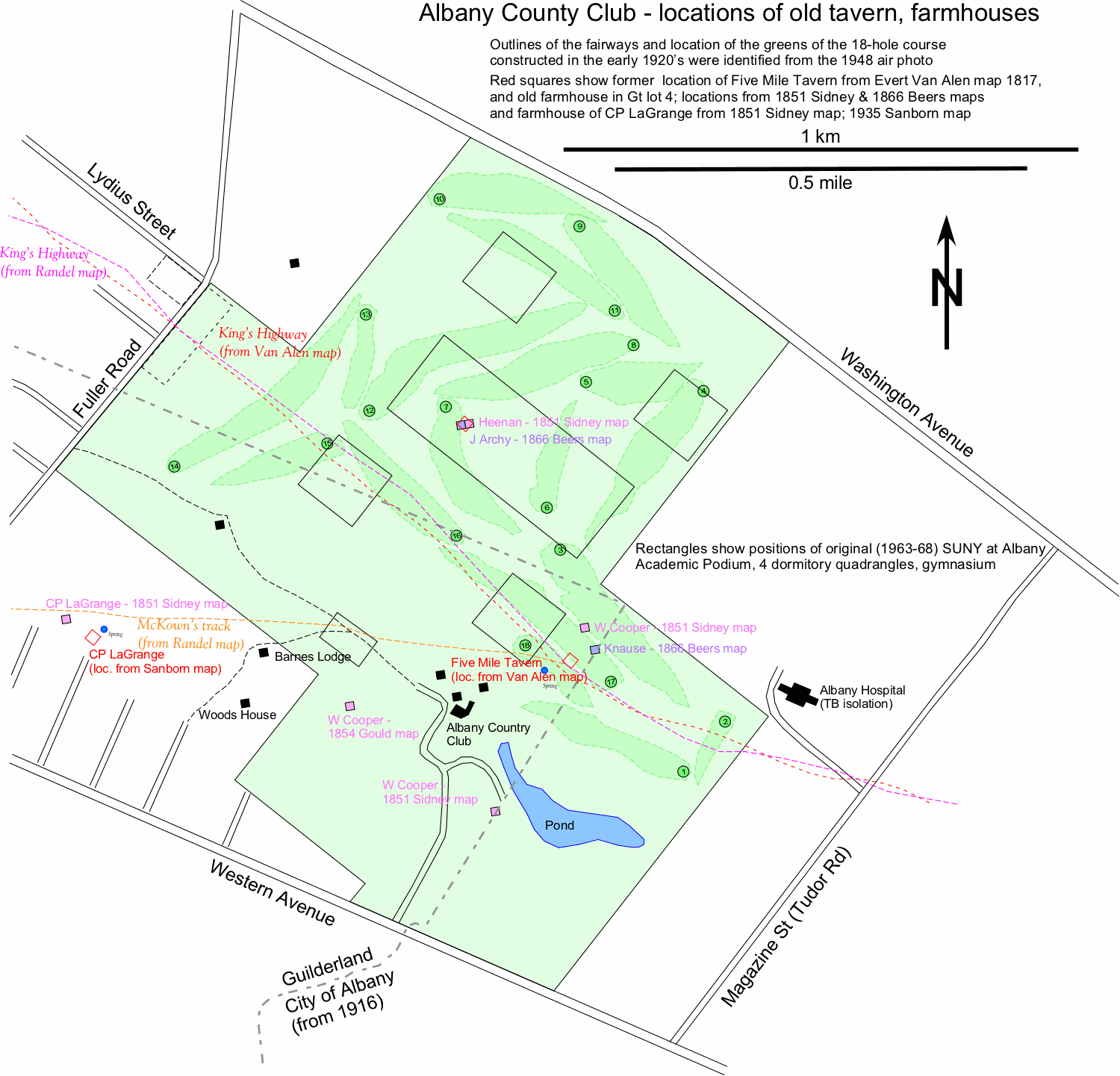 outline map
of Albany Country Club grounds and golf course 1948 showing
locations of 19C houses and Kings Highway and 1968 SUNYA
buildings