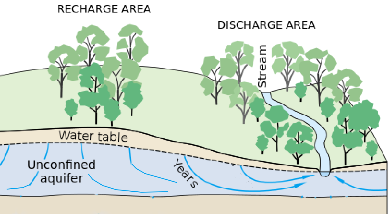 diagram of
      water table and flow in unconfined sand aquifer