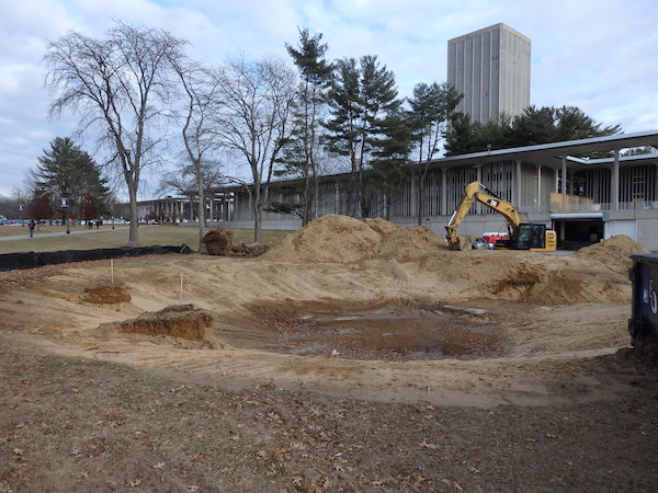 Infiltration pond in
Colonie Sand in construction next to Dutch Quad, University at
Albany