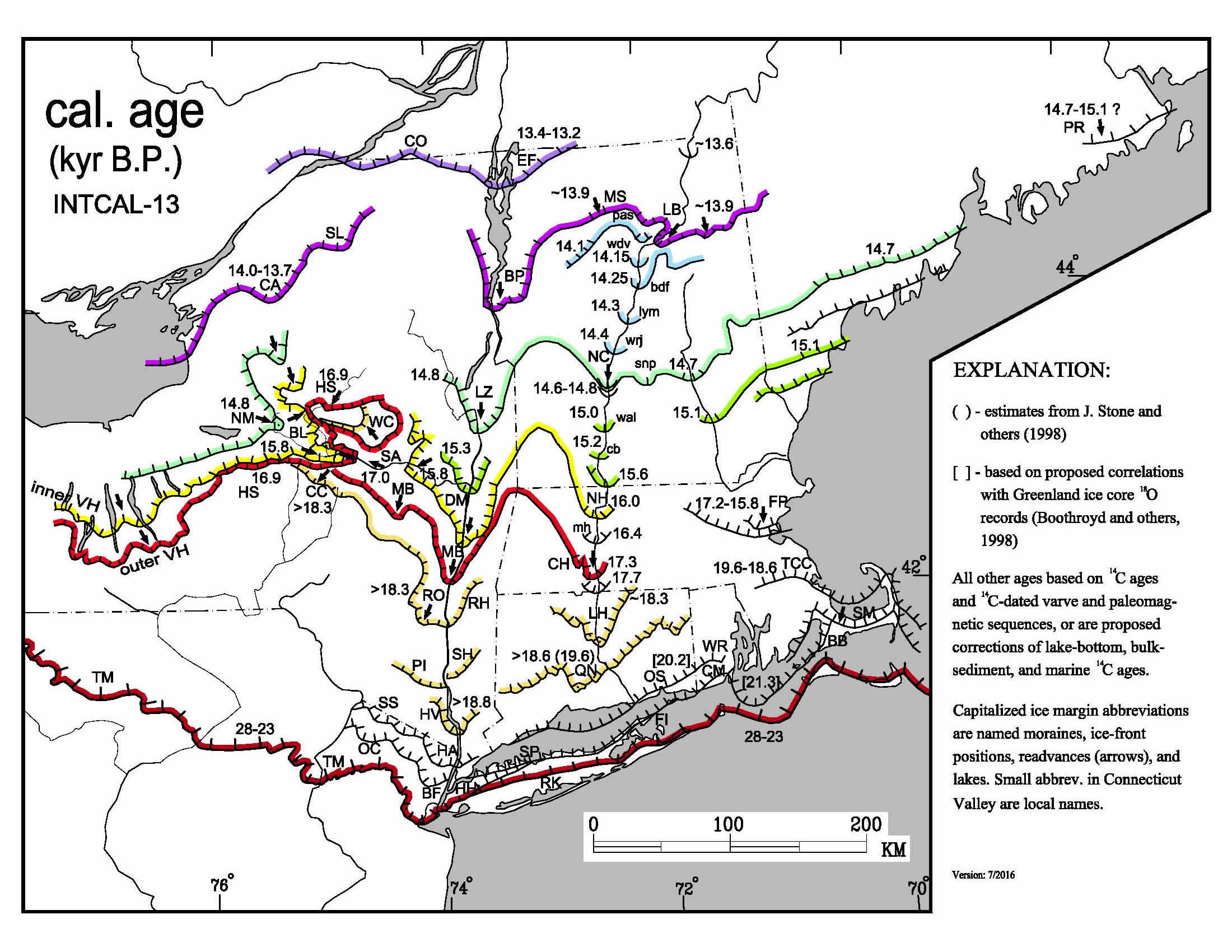 map of Laurentian ice front positions 23 to 13 thousand years
ago