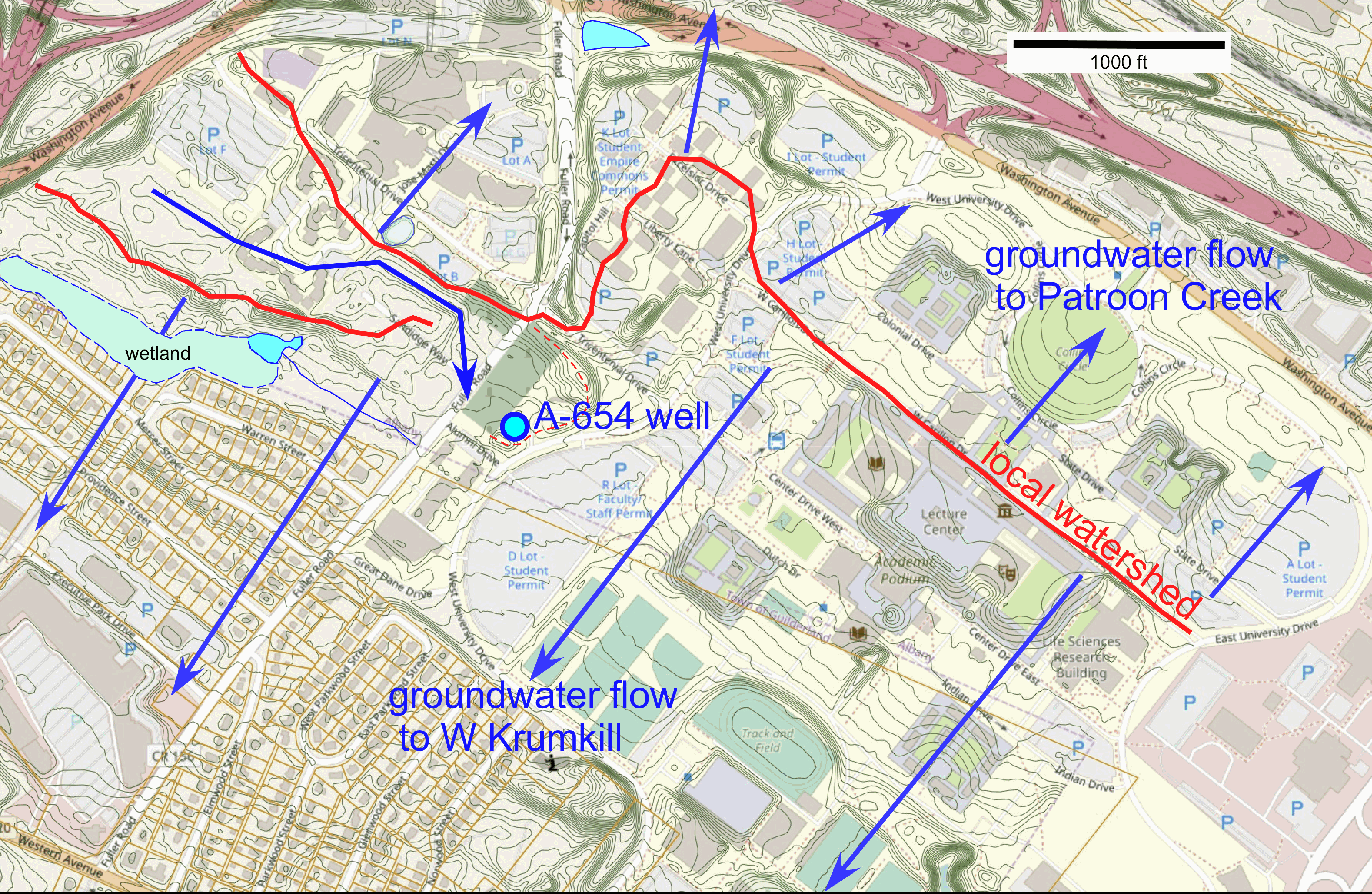 topo and
watershed map of west SUNYA campus area and adjacent
McKownville
