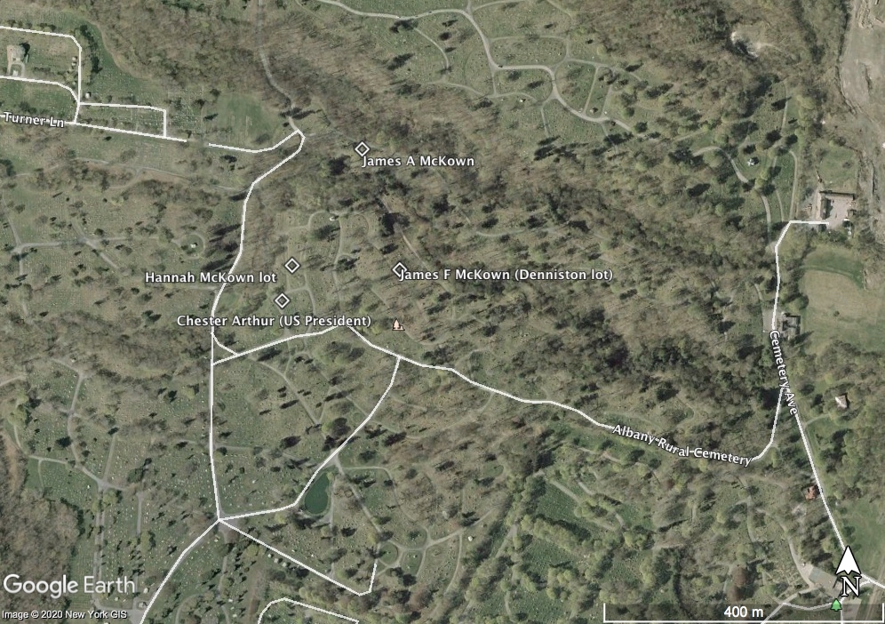 Grave site locations of
McKowns in Albany Rural Cemetery, Menands, NY